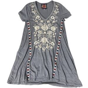 Johnny Was Los Angeles Mini Dress Gray Cotton Jersey Floral Embroidered